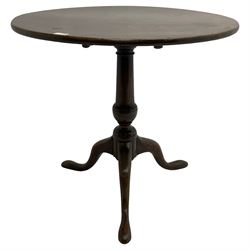 George III mahogany tilt top tripod table, circular top on vasiform turned column with cabriole supports