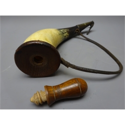  Horn Powder flask, conical brass nozzle with lever end cap and steel leaf spring, stamped with Crows foot and W.D, turned wooden base cap with screw stopper, L34cm  