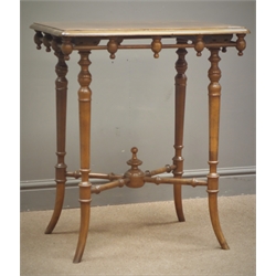  Victorian rectangular walnut occasional table, turned splayed tapering supports joined by an 'X' shaped stretcher, W65cm, H75cm, D49cm  