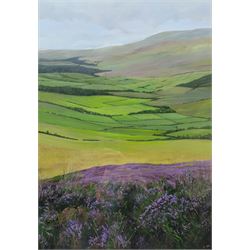 Julie Lightburn (British Contemporary): 'Spreading Luck in the Valleys (North Yorkshire Moors)', acrylic on board signed with initials, titled on label verso with artist's York address 60cm x 42cm