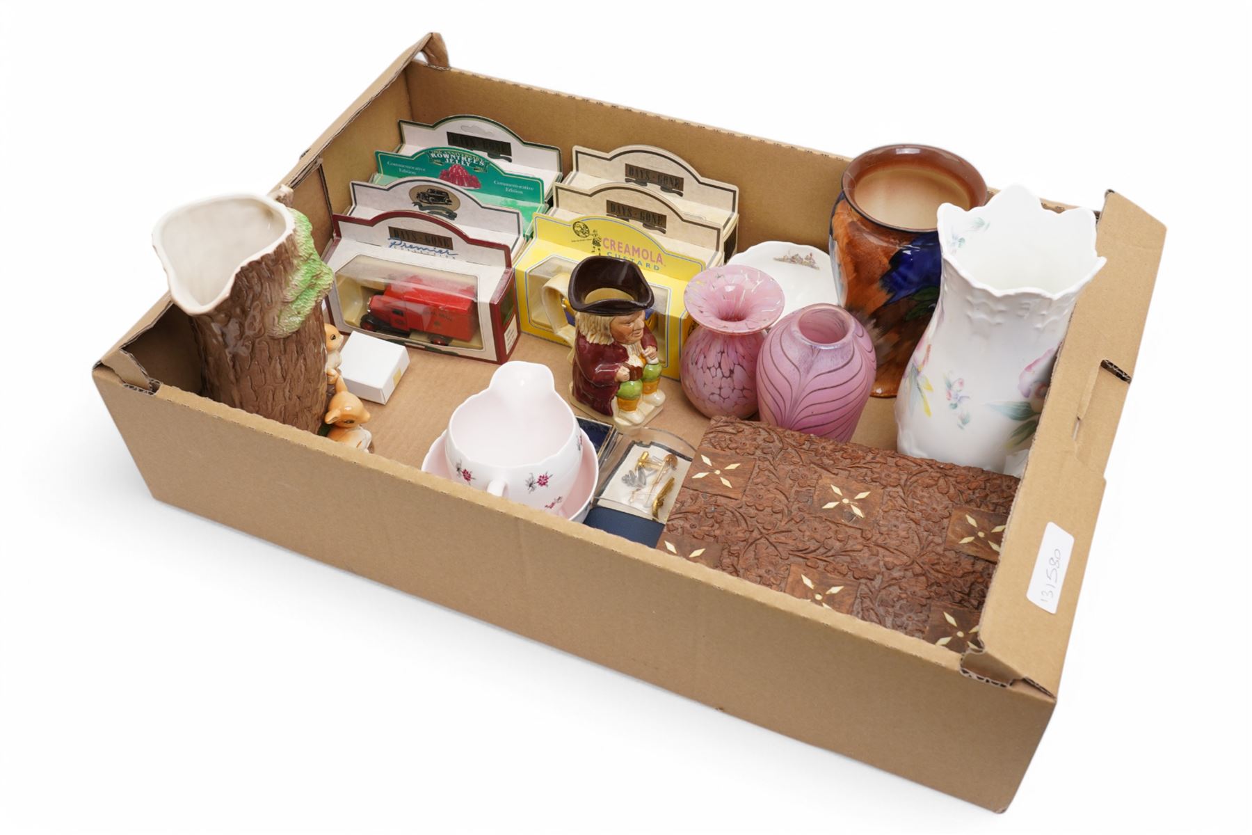 J S Akroyd - Lakeland glass vase, Mdina vase, carved Indian box, costume jewellery and other model vehicles etc