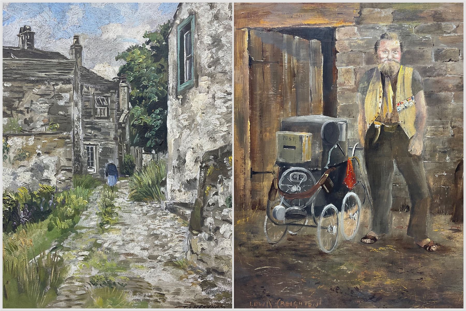 Lewis Creighton (British 1918-1996): The Postman, oil on board signed 50cm x 40cm; Thomas Leslie Kerkham (British 1918-1986): Cottage Landscape, oil on board signed 49cm x 40cm (2)