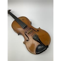 French Mirecourt violin c1920s with 36cm one-piece maple back and ribs and spruce top, labelled Jermone Thibouville-Lamy, L59cm, in fitted carrying case with German bow and 1984 valuation certificate by Frome Valley Music