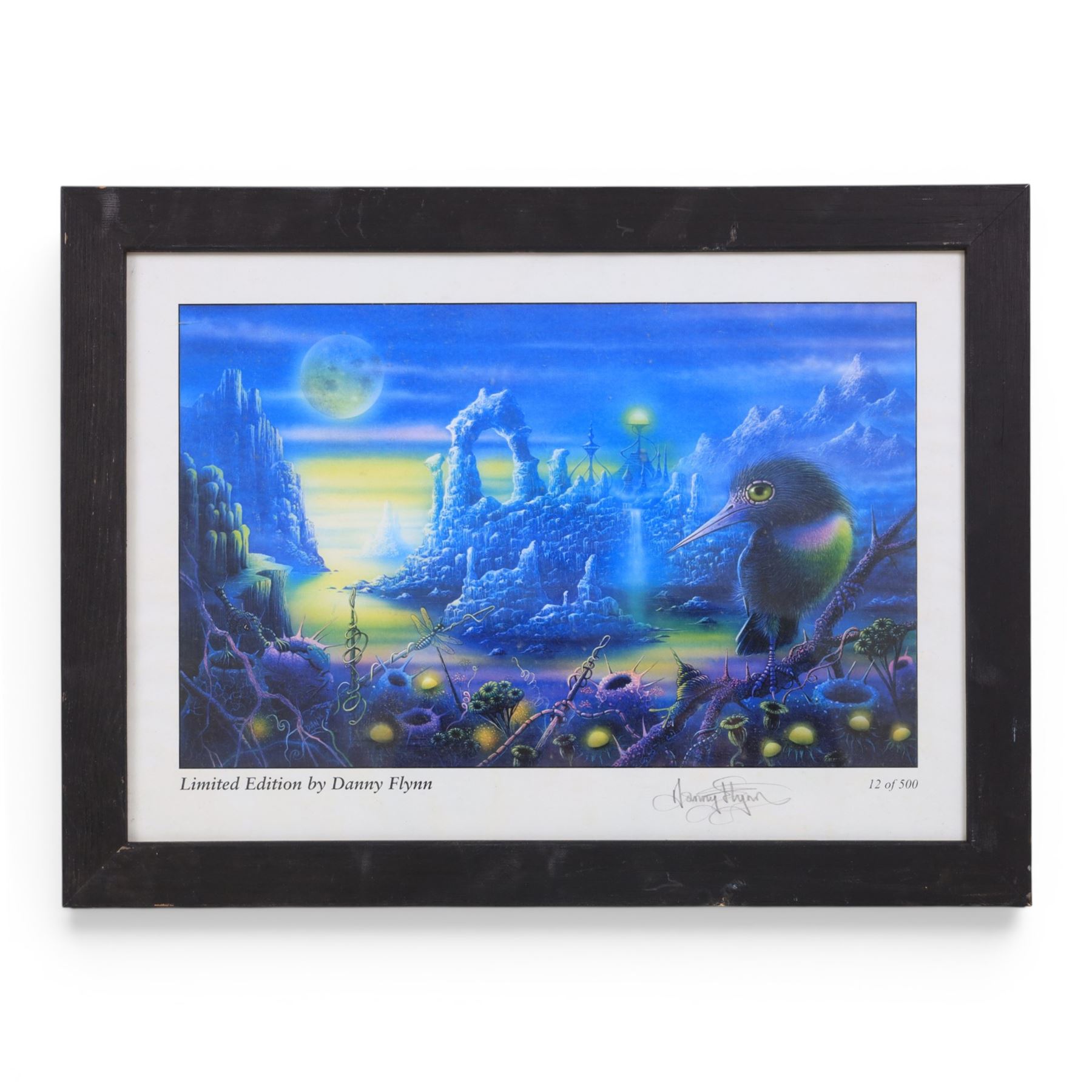 Danny Flynn (British 1958-): digital print of for a 90s TV show that never came to air featuring Danny Flynn in the centre and Arthur C Clarke looking on, two limited edition signed prints of a bluebell wood, two further signed limited edition prints of birds in surreal landscapes and a collection of postcards, three prints framed, largest H34cm

Notes: This item is from the private collection of Arthur C. Clarke's brother.