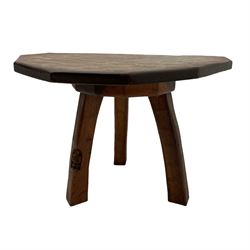 'Gnomeman' oak occasional table, adzed dodecagon top on three splayed supports, carved with gnome signature, by Thomas Whittaker of Littlebeck