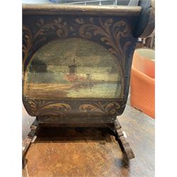 Unusual 18th century small Northern European wooden sled, with curved scroll back, the sides painted with coastal shipping scenes, the interior with removable zinc liner, upon curved irons painted with flower heads, H36cm W56cm D29cm