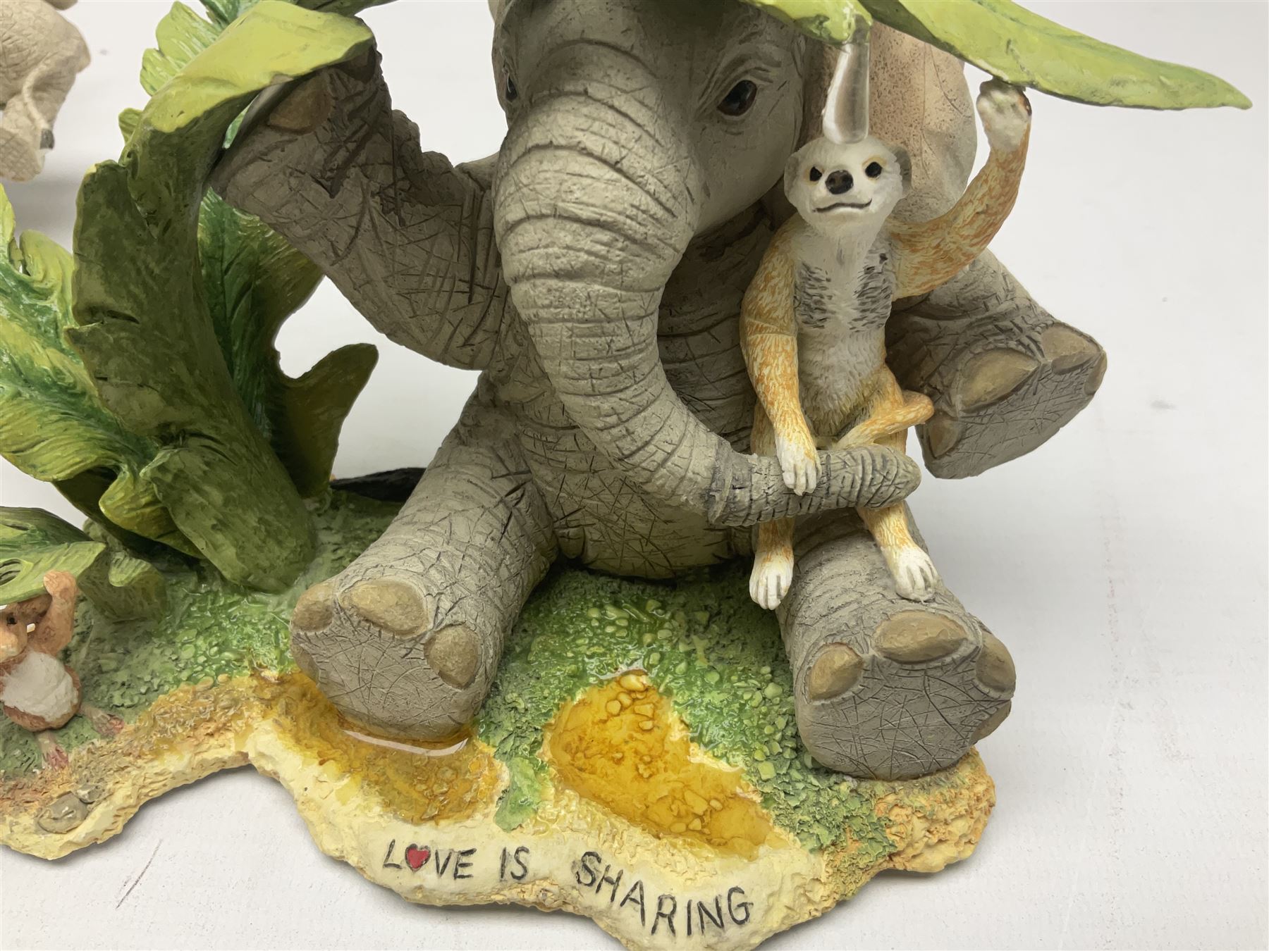 Seven Tuskers elephant figure groups, to include limited edition Stop! Mice Crossing 3479/4000 and Hide n' Squeak 77/4000, Love is... Sharing, Always a Safe Haven, Together Always etc, tallest H24cm