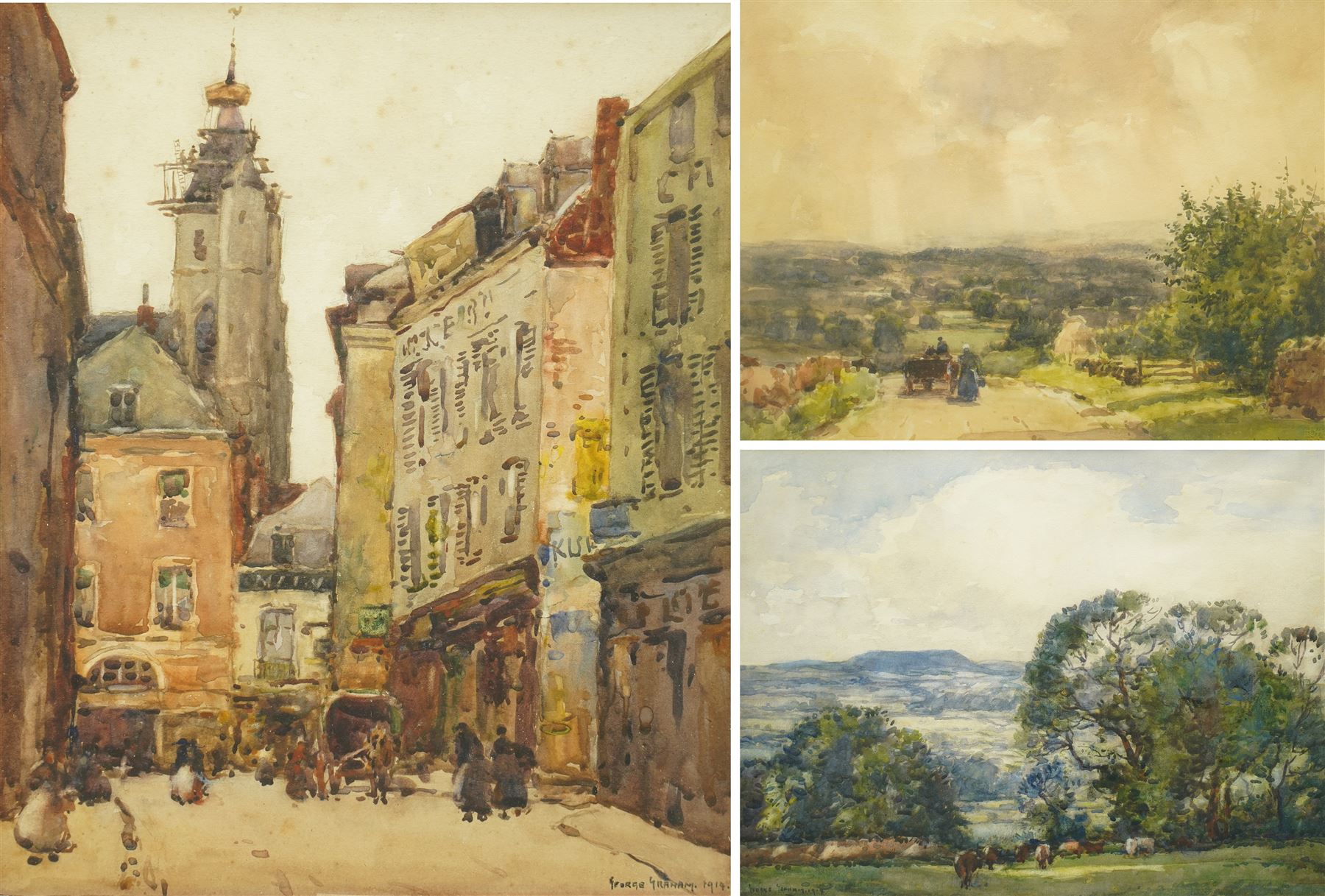 George Graham (British 1881-1949): A Street in France and Rural Landscape, set three watercolours signed and dated max 31cm x 26cm (3)