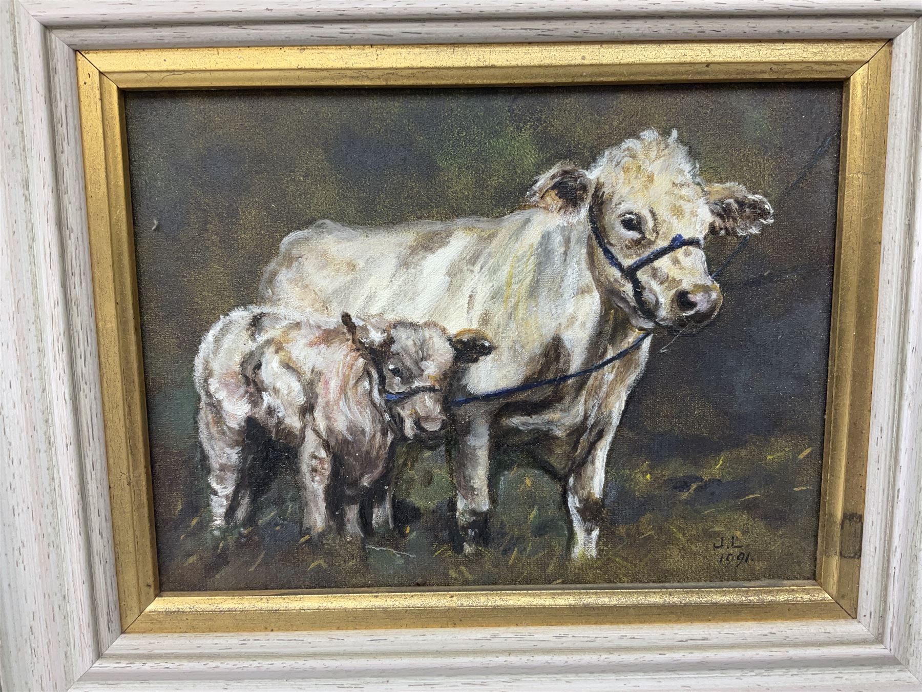 English School (20th century): Westaby Sheriff Hutton Cow and Calf, oil on board signed and dated 1991 together with a chalk portrait of a horse max 25cm x 19cm (2)