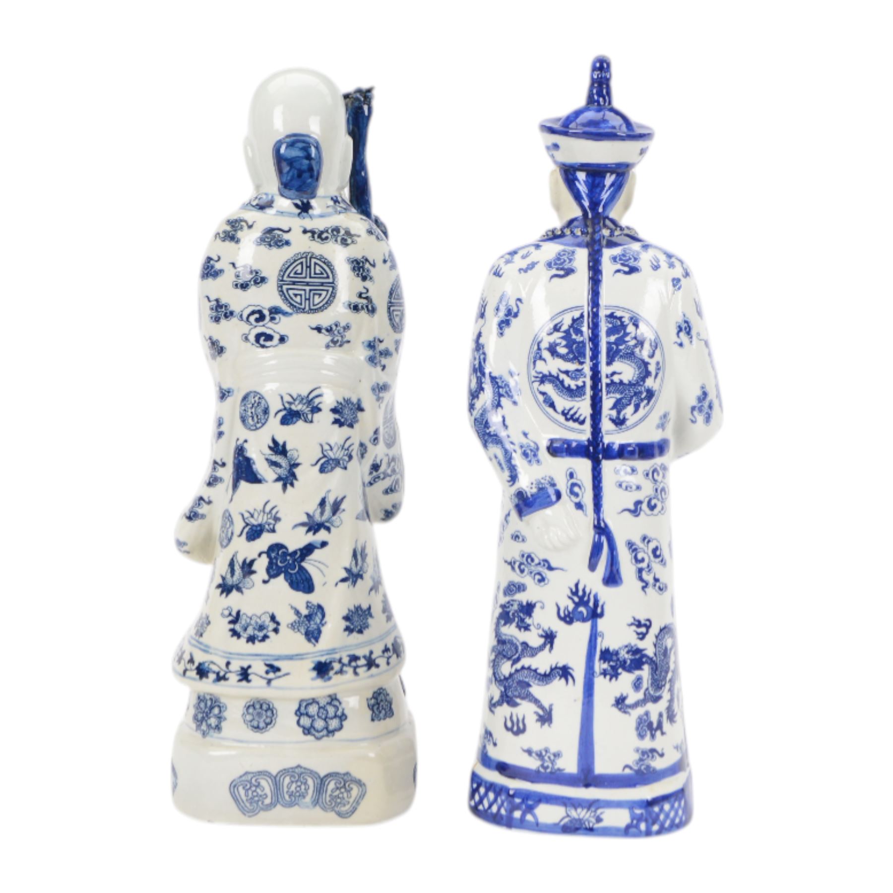 20th century Chinese blue and white porcelain figure of an Emperor, wearing a dragon decorated robe, seal marks beneath, together with blue and white figure of Shou Lao H54cm