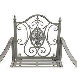 Regency design wrought metal rocking garden bench armchair, pierced back with scroll design and central foliate medallion over strap seat, with C-scroll arms and supports, in antique grey finish
