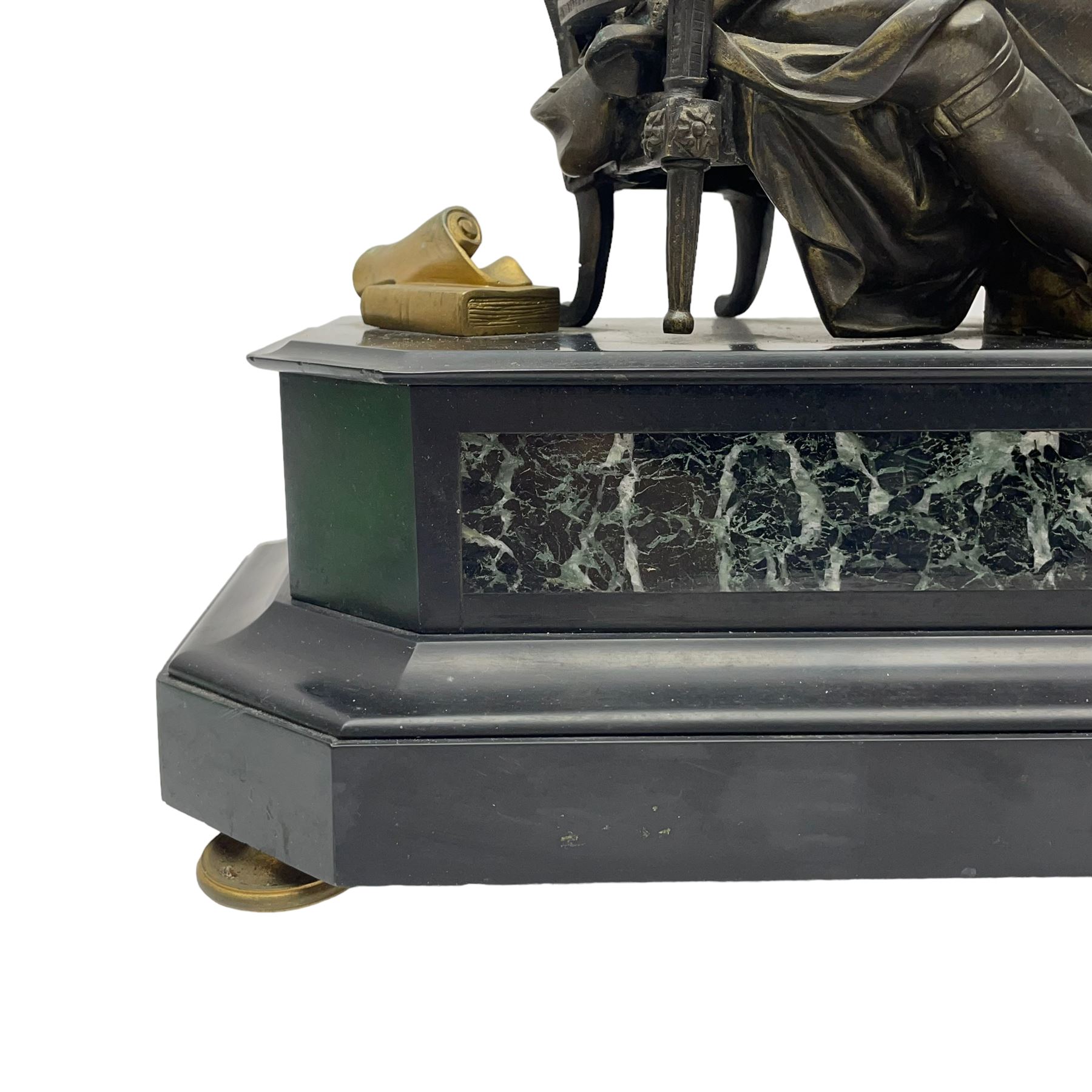 French - 19th century Belgium slate and marble 8-day mantle clock c1860, surmounted with a cast brass figure of the French poet  Ernest Legouve, holding a copy of his collection of poems 