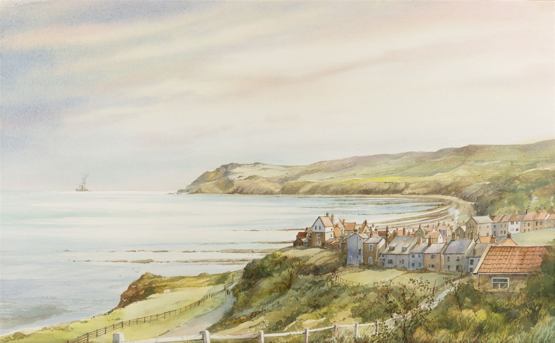 David C Bell (British 1950-): View of Robin Hood's Bay, watercolour 37cm x 61cm
