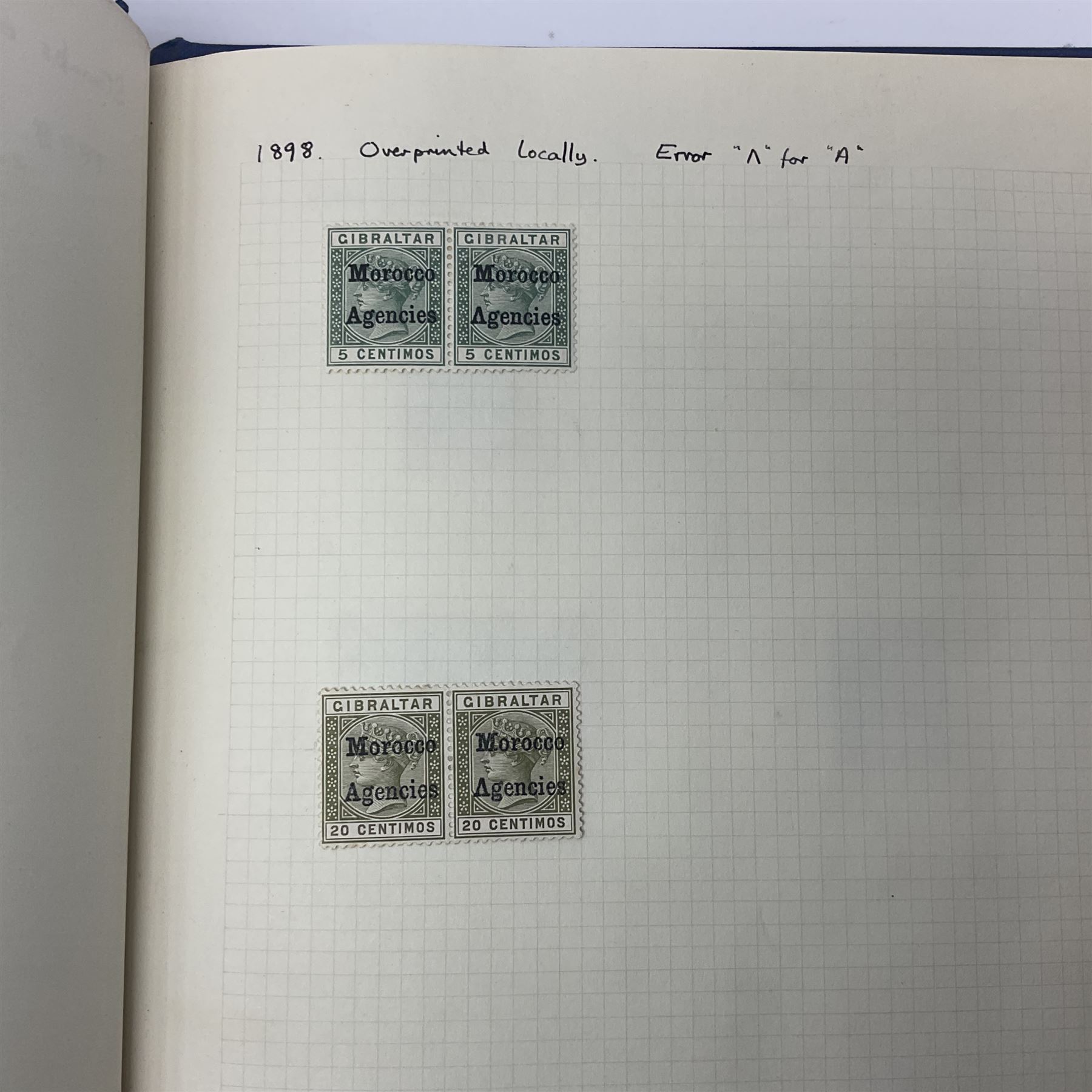 Queen Victoria and later Morocco Agencies and Tangier overprint stamps, including 1898 Morocco Agencies overprint on Gibraltar, some mint pairs, King Edward VII 1907-12 Morocco Agencies overprints with surcharge on two shillings and sixpence, five shillings and ten shillings, King George VI 1917-26 Morocco Agencies overprints on seahorses with half crown, five shillings and ten shilling values, Spanish French and International zones represented etc, housed in single blue album