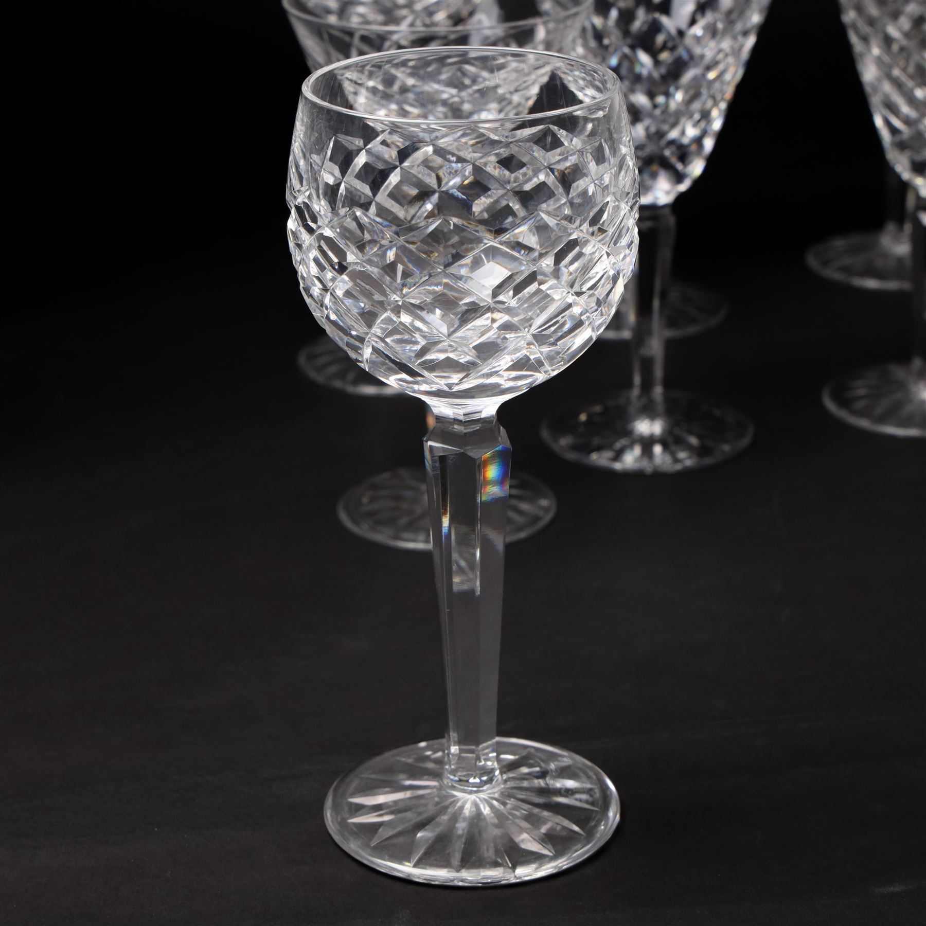 Set of Waterford Tyrone pattern table glass comprising six Hock glasses, six claret glasses, six tumblers and seven sherry glasses