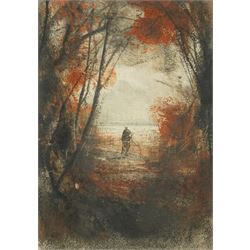 Pietro Annigoni OMRI (Italian 1910-1988): Ghostly Figure in a Forest Clearing, mixed media signed in pen 26cm x 16cm