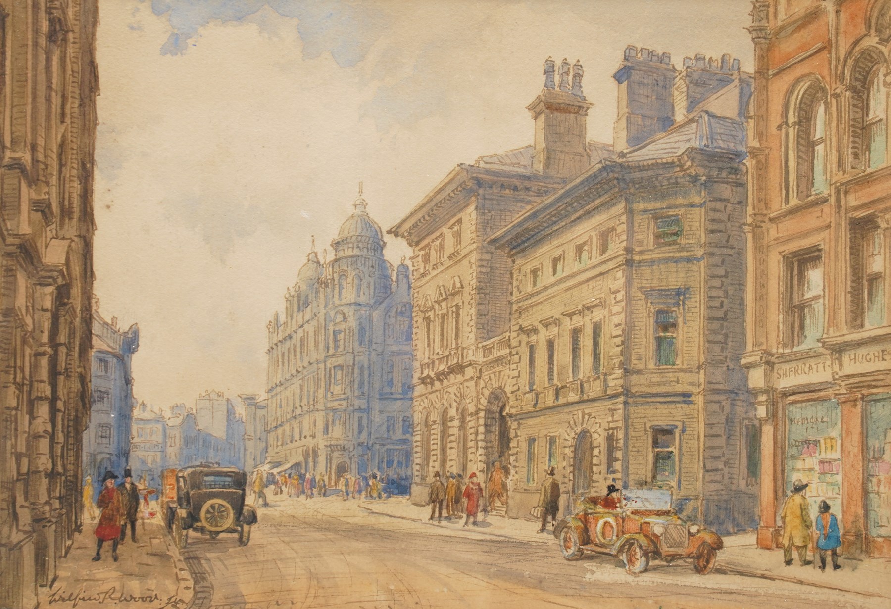 Wilfried René Wood (British 1888-1976): Manchester Street Scene, watercolour signed 18.5cm x 27cm