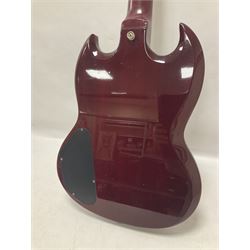 Gibson Epiphone SG six string electric guitar, with cherry red mahogany finish and black scratch guard, L102cm
