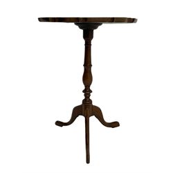 Georgian style mahogany tripod table, moulded piecrust border top on turned stem, three splayed faceted supports