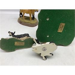 Collection of Border Fine Arts figures, comprising Exmoor Stallion A4058, Highland Mare & Stallion A2691, Welsh Cob A20804, On The Farm A0167, calf figure with bucket and figure group of cow and farmer with cat and kittens (6)