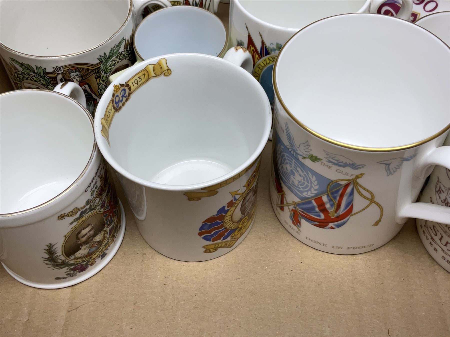Collection of Victorian and later commemorative mugs, to include Queen Victoria 1887 Jubilee cup, Rd No. 64761, Royal Doulton Victory and Peace mug, 1919, Rd 666159, Royal Doulton King Edward VII blue transfer coronation, Royal Doulton 1937 George Coronation, Harrods Limited Rulers Of An Empire on Which The Sun Never Sets, Royal Worcester Victory in the Gulf, two Shelley examples, Spode limited edition Queen Elizabeth II Golden Jubilee etc in two boxes