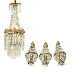 Brass and crystal ceiling light, drop 72cm, together with three small crystal oval wall li...