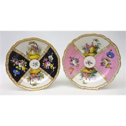  Two late 19th/ early 20th century Meissen dishes, painted with reserves of courting couples and floral sprays on a pink and black ground, D20.5cm   