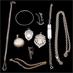 Gold bracelet and a white gold necklace chain, both hallmarked 9ct, Victorian and later silver jewellery including fobs, bangle, locket, clip, identity bracelet and chains