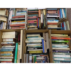  A large collection of modern hard back and paperback books gardening, history, literature, sport, natural history, automobilia, cookery, Heraldry, science and other books in ten boxes  