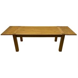 Solid light oak rectangular dining table, with end two leaves, and six high back chairs with upholstered seats, table extending to 260cm
