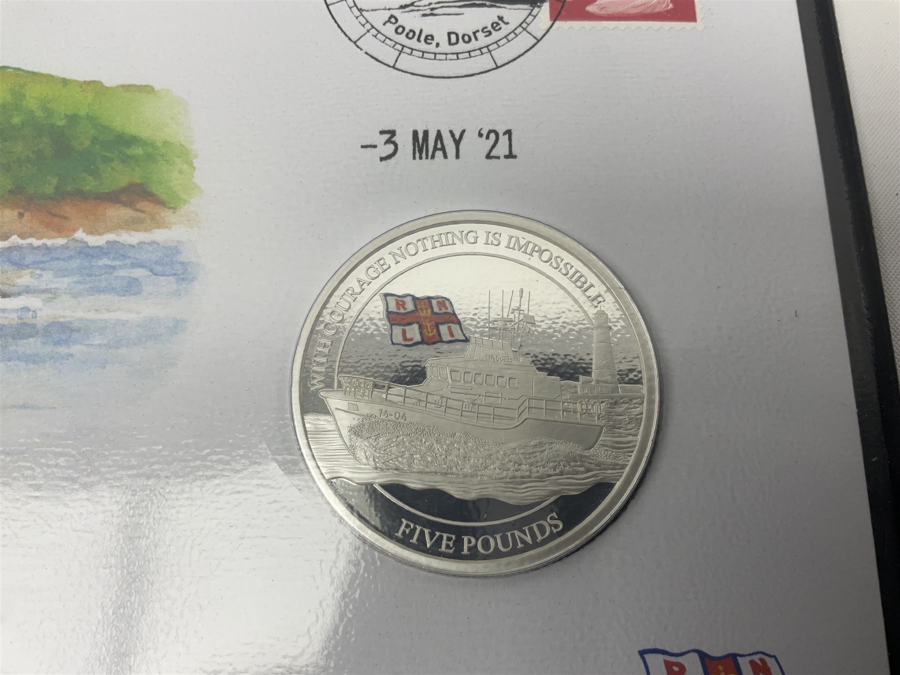 Mostly commemorative coinage, including various Queen Elizabeth II United Kingdom brilliant uncirculated fifty pence, two pound and five pound coins in card folders, The Royal Mint United Kingdom 2012 proof coin set, Alderney 2021 'Royal National Lifeboat Institution' five pound coin cover in Harrington and Byrne folder etc