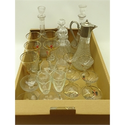  Quantity of glassware including crystal drinking glasses, Waterford crystal wine glass, Edinburgh crystal bowl, 19th century drinking glass, cranberry glass, Art Deco frosted glass vase, claret jug, hunting theme drinking glasses, paperweights and other glass in five boxes  