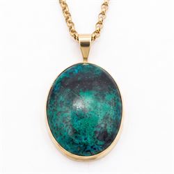 9ct gold azurite pendant necklace, bezel set oval cut azurite, on a gold belcher link chain necklace