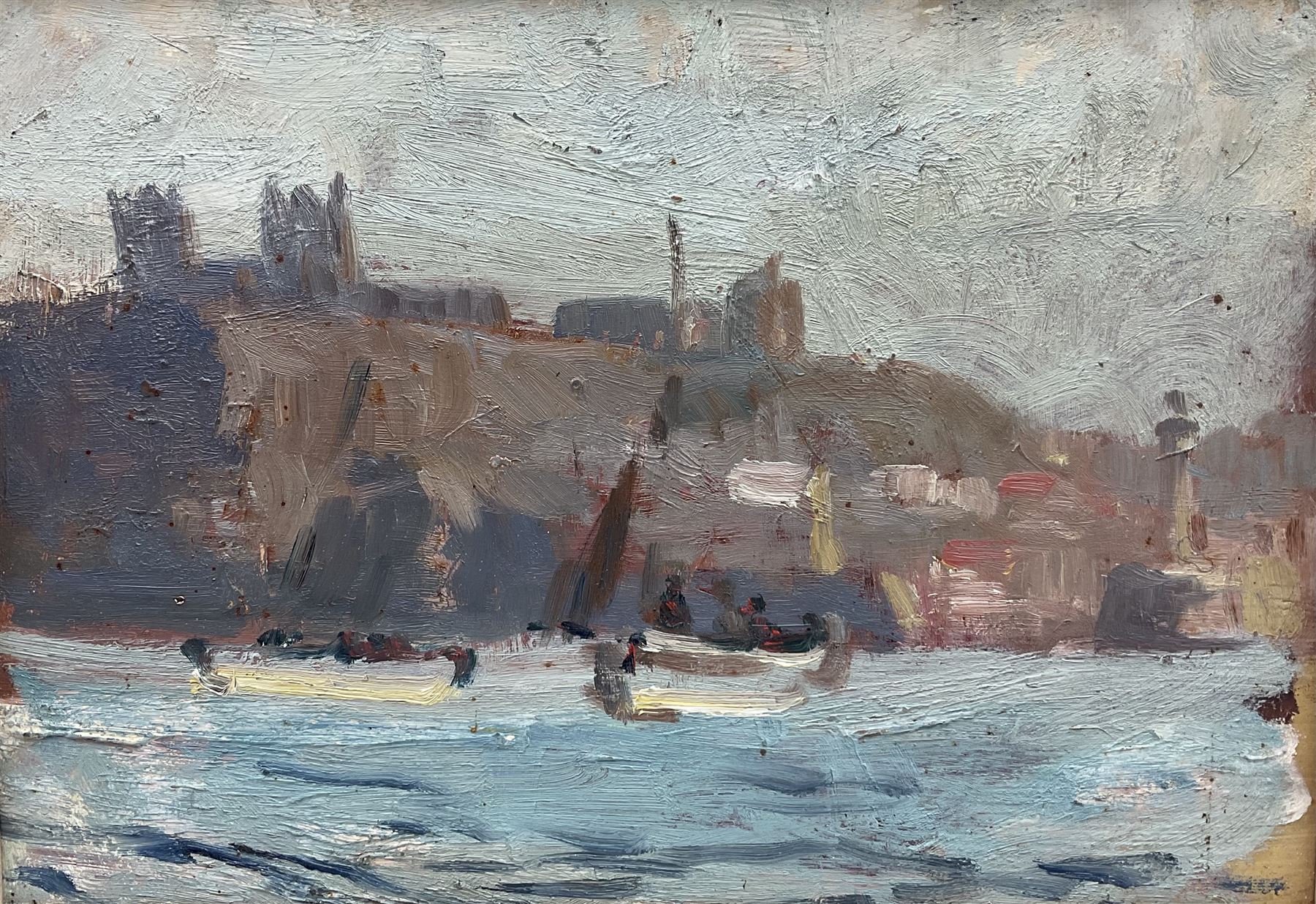 Joseph Richard Bagshawe (Staithes Group 1870-1909): Fishing Boats off Whitby, oil on board unsigned 24cm x 34cm
Provenance: acquired direct from the trustees of the Bagshawe Estate when the final part of the artist's studio collection was dispersed in Whitby in the 1990s, never previously been on the open market 
