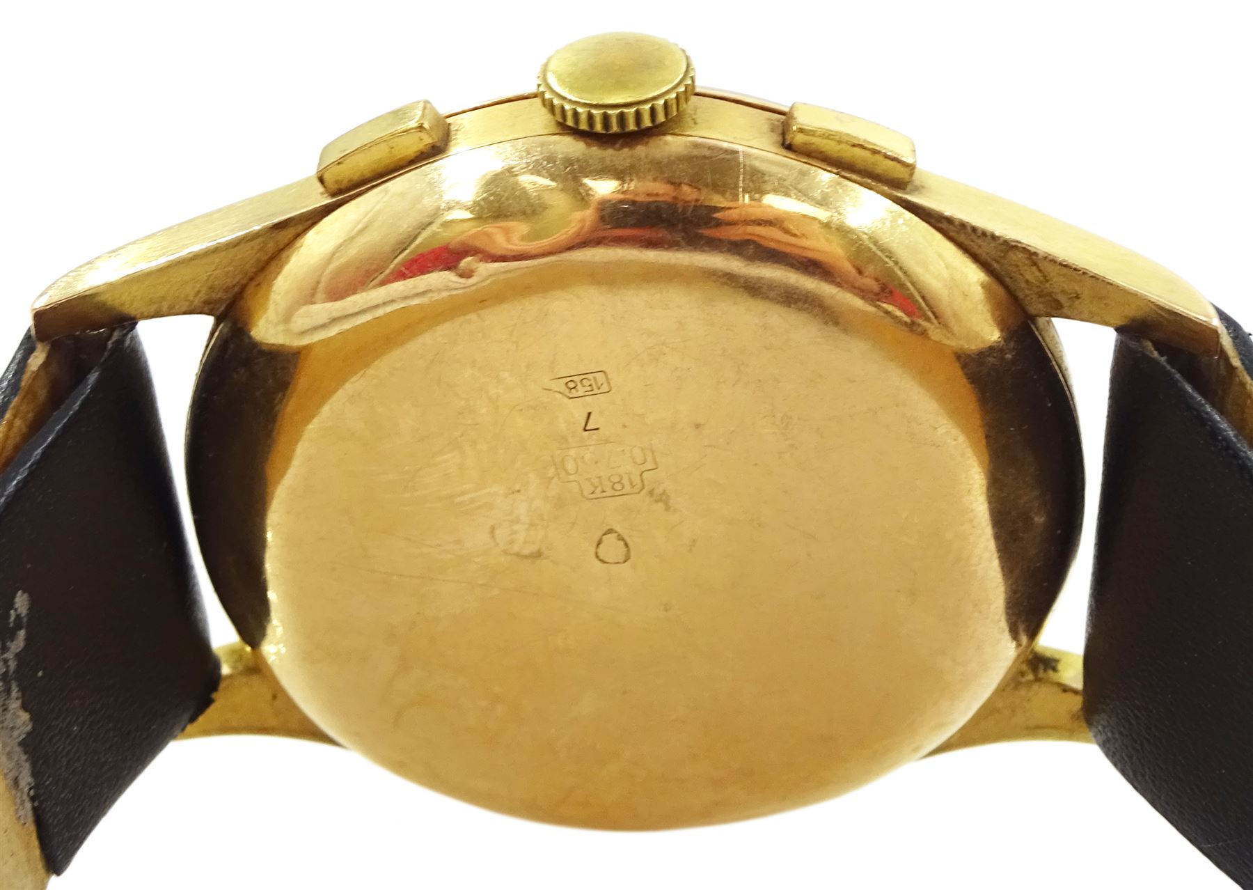 Chronographe Suisse gentleman's 18ct gold manual wind chronograph wristwatch, circa 1950, silvered dial with Roman numerals hour markers, subsidiary dials at 3 and 9 for seconds and 30 minute recording, stamped 18K 750 with Helvetia hallmark, on black leather strap