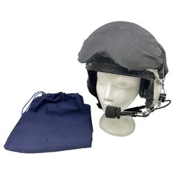 RAF Alpha MK 4 helicopter pilot's flying helmet, finished in white for civilian/rescue service use; reconditioned and avionics tested as working; black cloth cover to visor; fitted with boom microphone; medium size; in blue cloth carrying bag