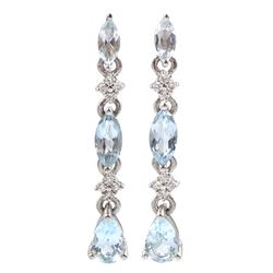 Pair of 9ct white gold pear and marquise shaped blue topaz and diamond pendant stud earrings