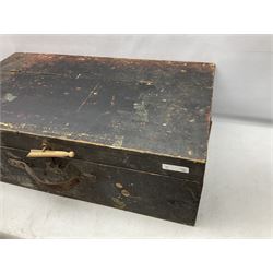 Large wooden tool box and carpenters tools, to include tenon and panel saws, box plane, mallet, chisels etc