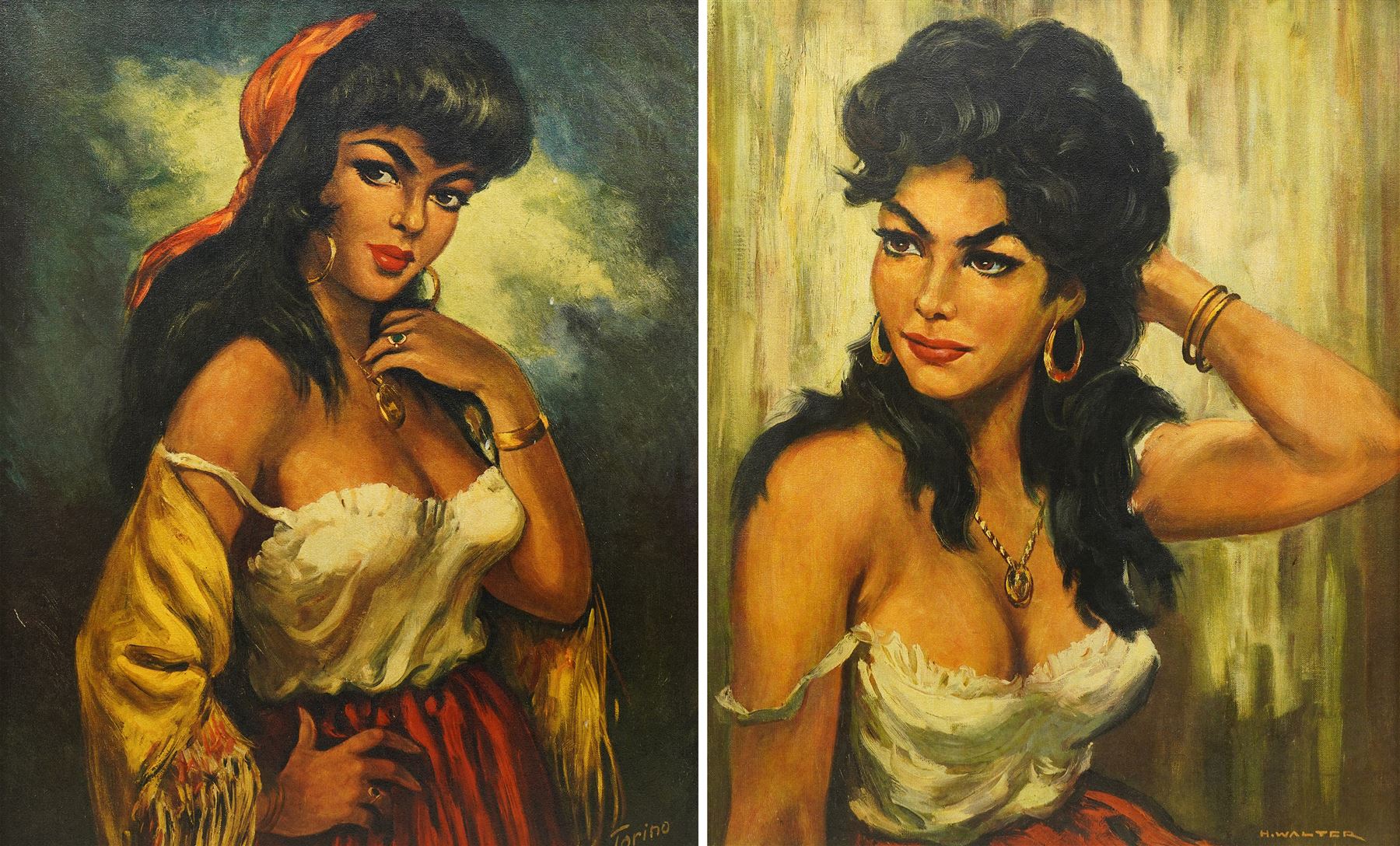After Torino & H Walter (Mid-20th century): Portrait of a Mediterranean Woman and Romano Gypsy Girl, pair mid-century colour prints 58cm x 48, housed in matching gilt frames, overall 70cm x 60cm (2)