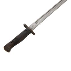 British bayonet, the 44cm blade stamped to the the ricasso Sanders, with wooden two piece grip,  in a steel scabbard with canvas frog, overall L58cm