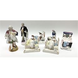 Collection of five fairings to include 'Shall we Sleep First or How?', 'The Last in Bed to Put the Light Out',  'Let us Speak of a Man as we Find Him', etc, along with two ceramic figures of men in long coats. 