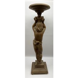 Italian carved lime wood torchère, the column modelled as a putto with arms raised supporting a circular top, upon a square stepped base, H92cm top D27cm 