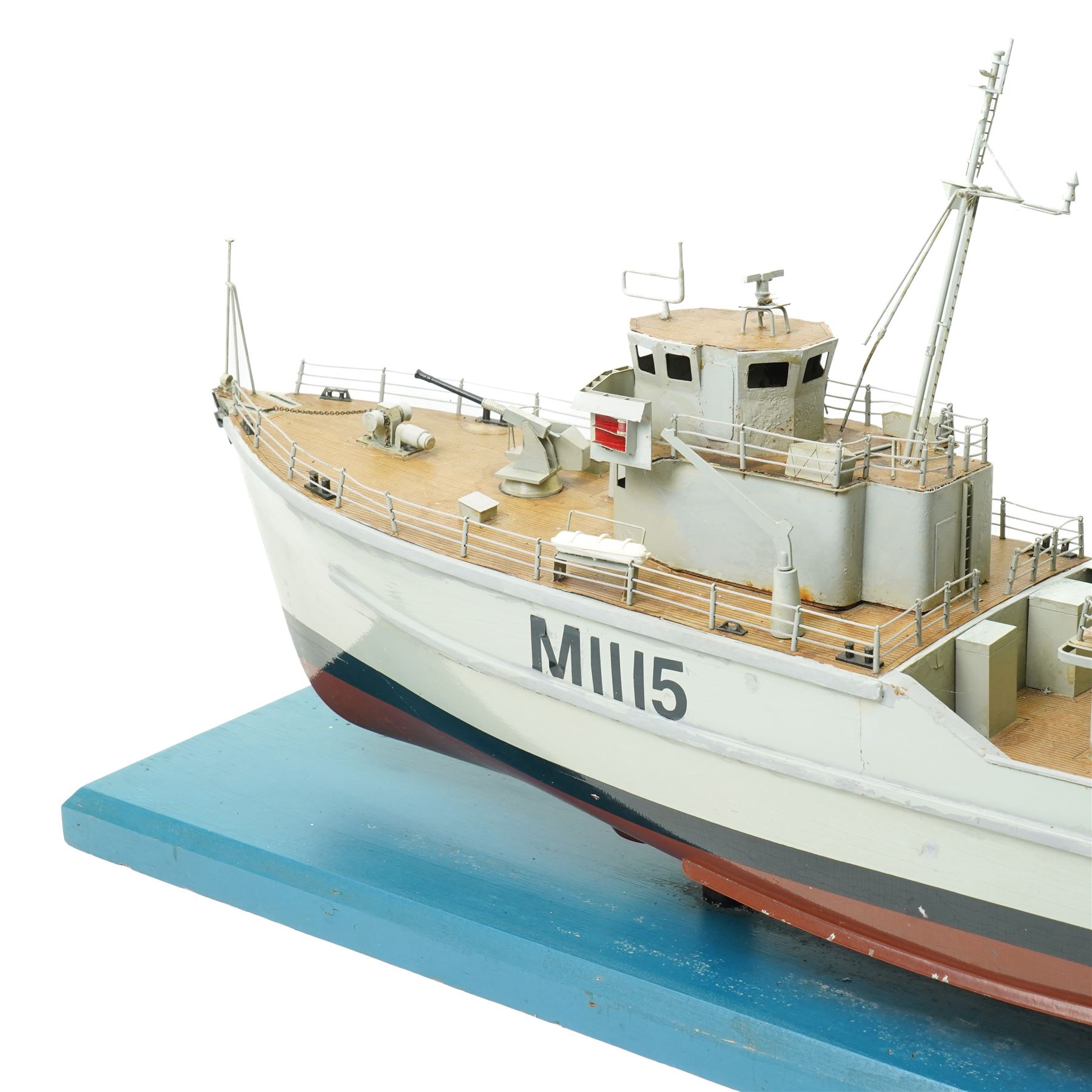 Scale built wooden model of the minesweeper HMS Bronington M1115 on wooden base, under the command of HRH Prince Charles in 1976 L104cm with booklet and drawings