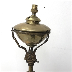  Victorian brass standard lamp, the oil reservoir converted to electric supported by three cast dolphins, telescopic adjustable column with serpentine supports, tripod base each with dolphin terminal, central cast foliage mount, stamped 'Townshend' underneath the base, H150cm (including shade)  