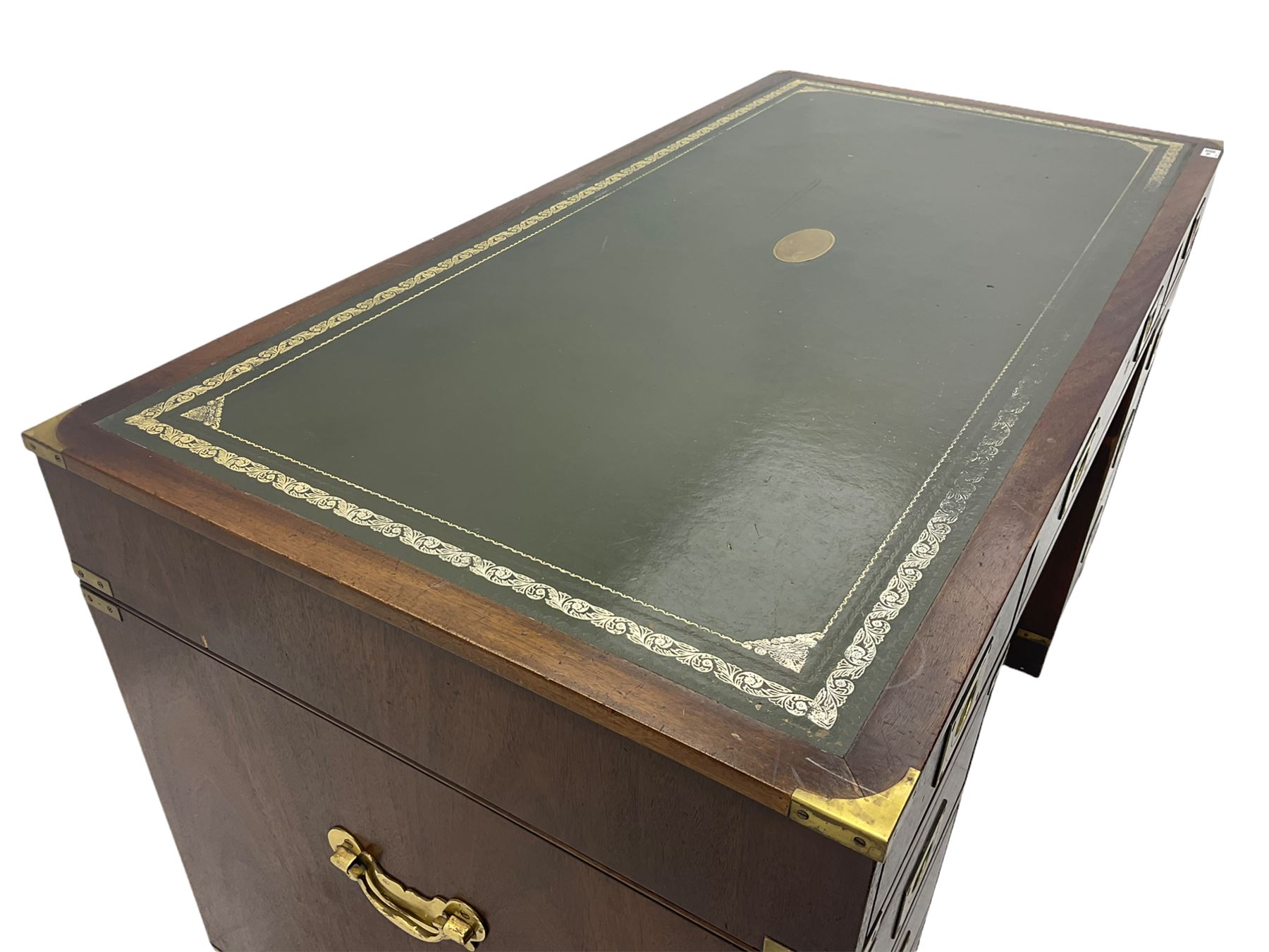 Bevan Funnell Reprodux - Military style mahogany twin pedestal desk, rectangular top with leather inset, fitted with eight drawers, on bracket feet