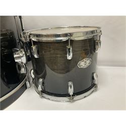 Pearl Vision SST Birch Ply shell four-piece drum kit in black comprising bass drum with foot pedal and three graduated toms; together with Pearl Custom Alloy Sensitone steel snare drum, drum and cymbal stands, microphone stand, stool and various drum sticks 