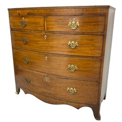 19th century mahogany bow front chest, two short over three long cock-beaded drawers, with bone and ivory lozenge ivory escutcheons, on shaped apron and splayed bracket feet (W108cm, H107cm, D55cm); together with a Regency design mahogany dressing table mirror, oval bevelled plate (W42cm)

This item has been registered for sale under Section 10 of the APHA Ivory Act