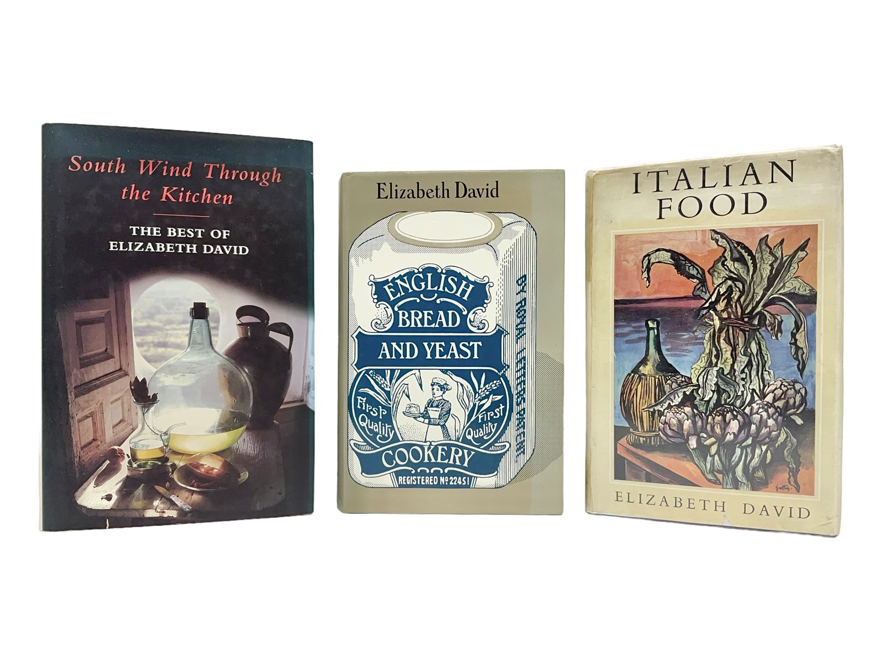 Three books of cookery interest by Elizabeth David comprising 'Italian Food', 'English Bread and Yeast Cookery' and 'South Wind Through the Kitchen'