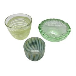 Daum Nancy green glass dish with bubble inclusions and waved rim, signed, D17cm, together with a blue and greeen Sanders & Wallace footed glass vase, signed, H9cm and another art glass vase