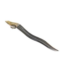 Brass and horn novelty letter opener, or paper knife, formed as a lizard with glass eyes, L25cm